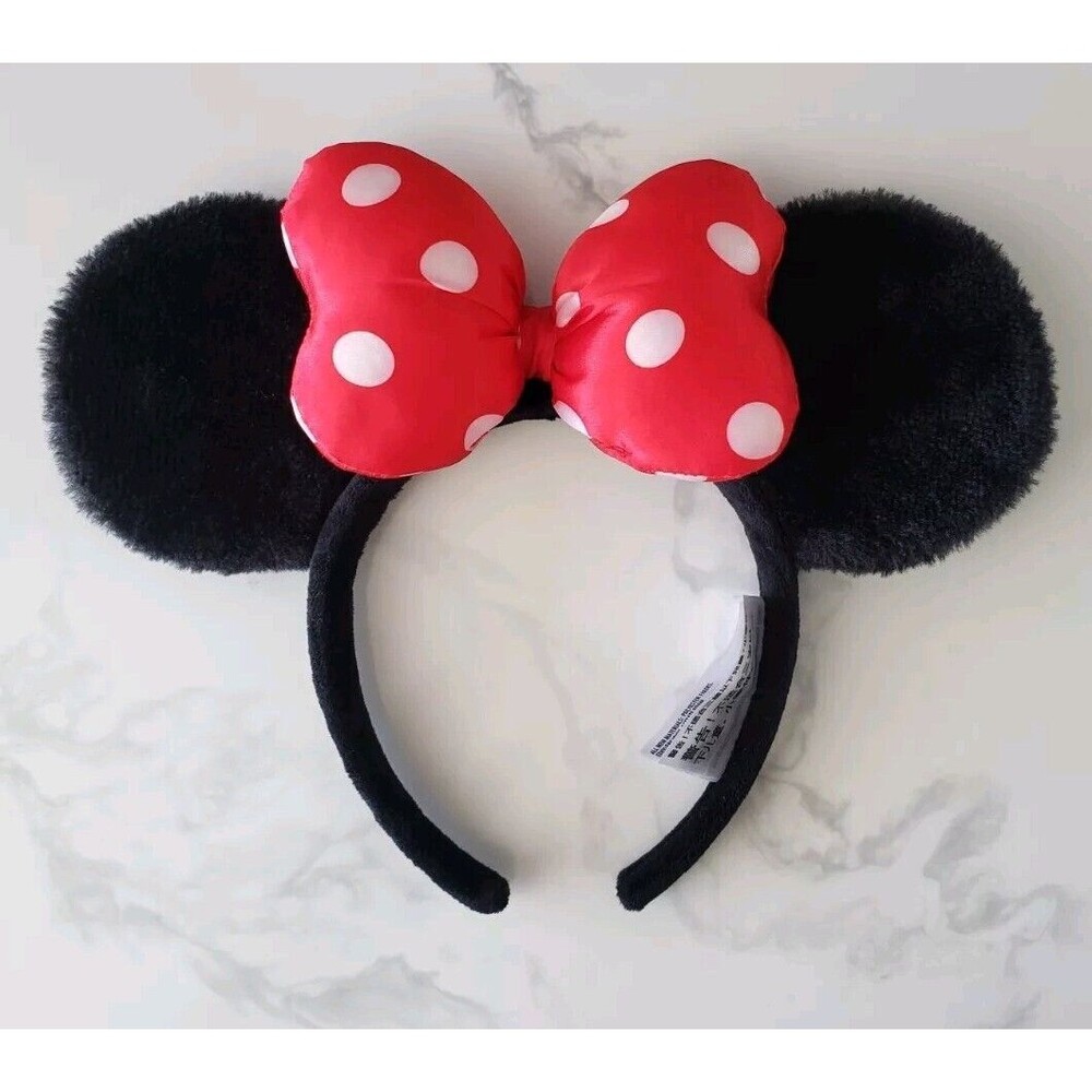 Authentic Disney Parks Minnie Mouse Ears Plush Black Red Bow Hair Band Headband
